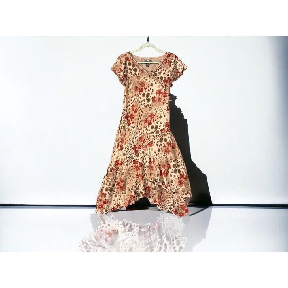 Adrianna Papell Dressbarn Woman’s Brown Floral 100% Silk Soft Midi Dress sz 10